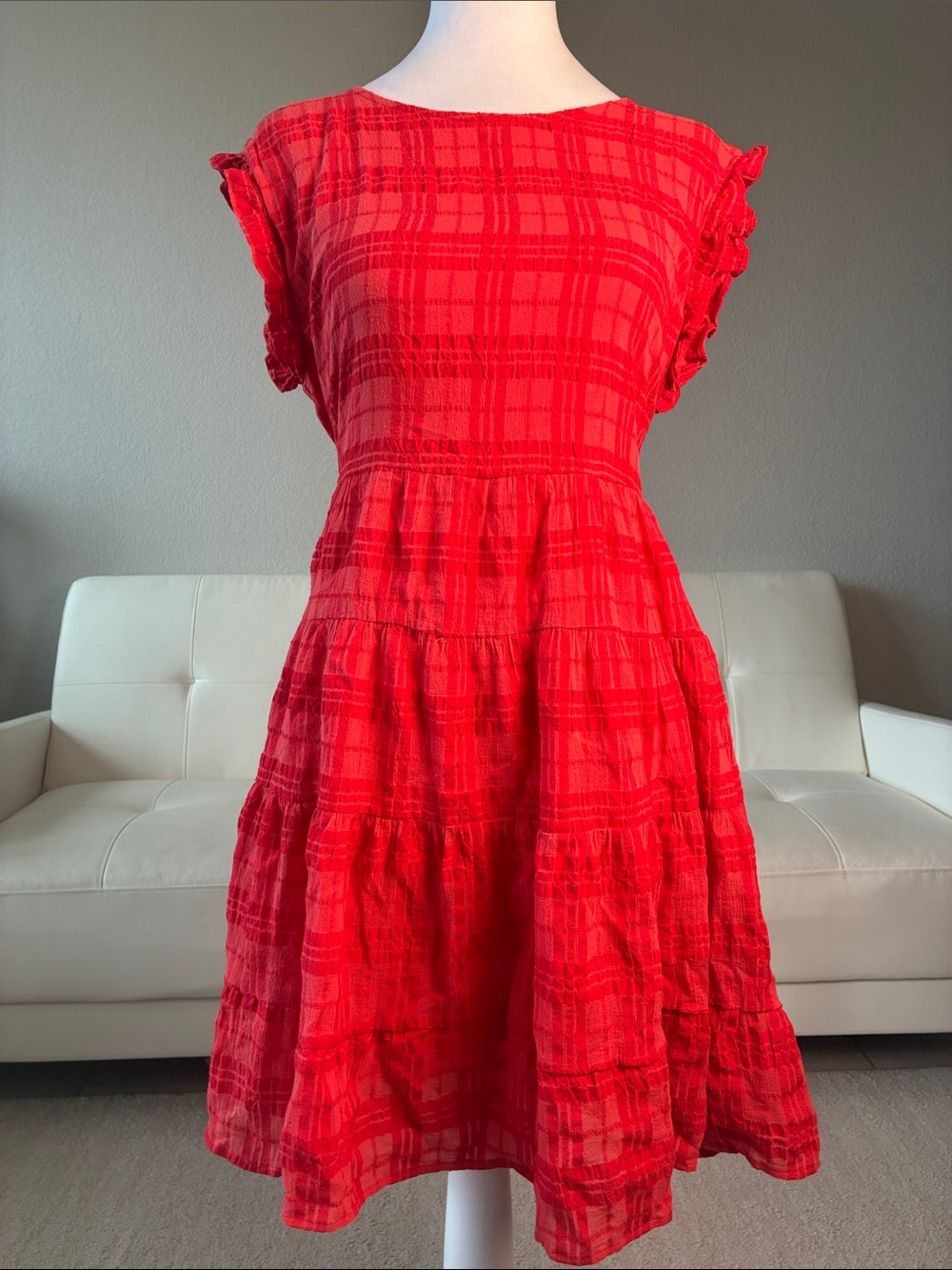 Dear John Red Tiered Short Sleeve Summer Dress with Ruffles